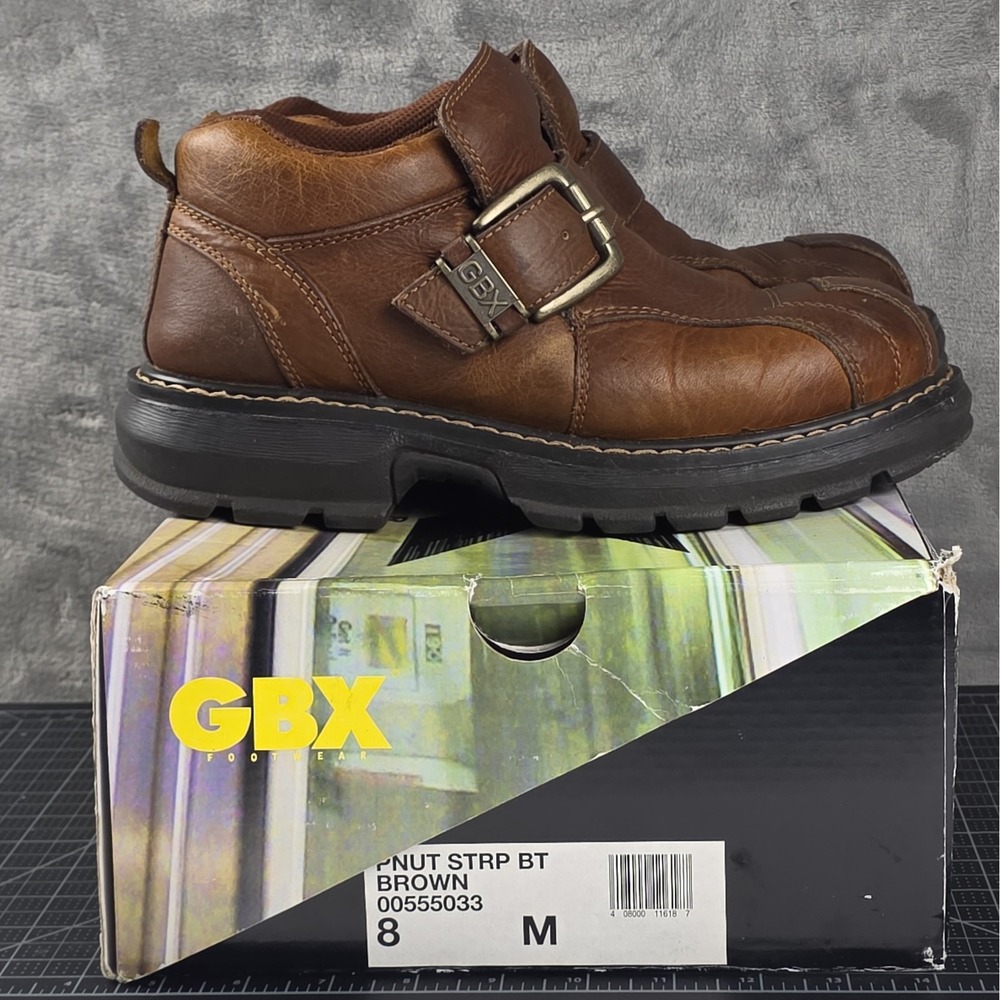 Vintage GBX Men's Boots Size 8 Buckle Strap Chunky Brown Leather 90's Y2K VGC...